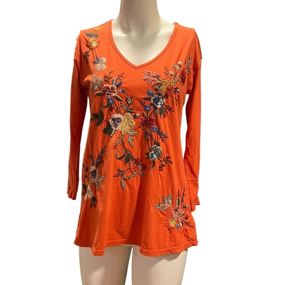 Jonny Was Vibrant Orange Long Sleeve Embellished Tunic Top Size Small